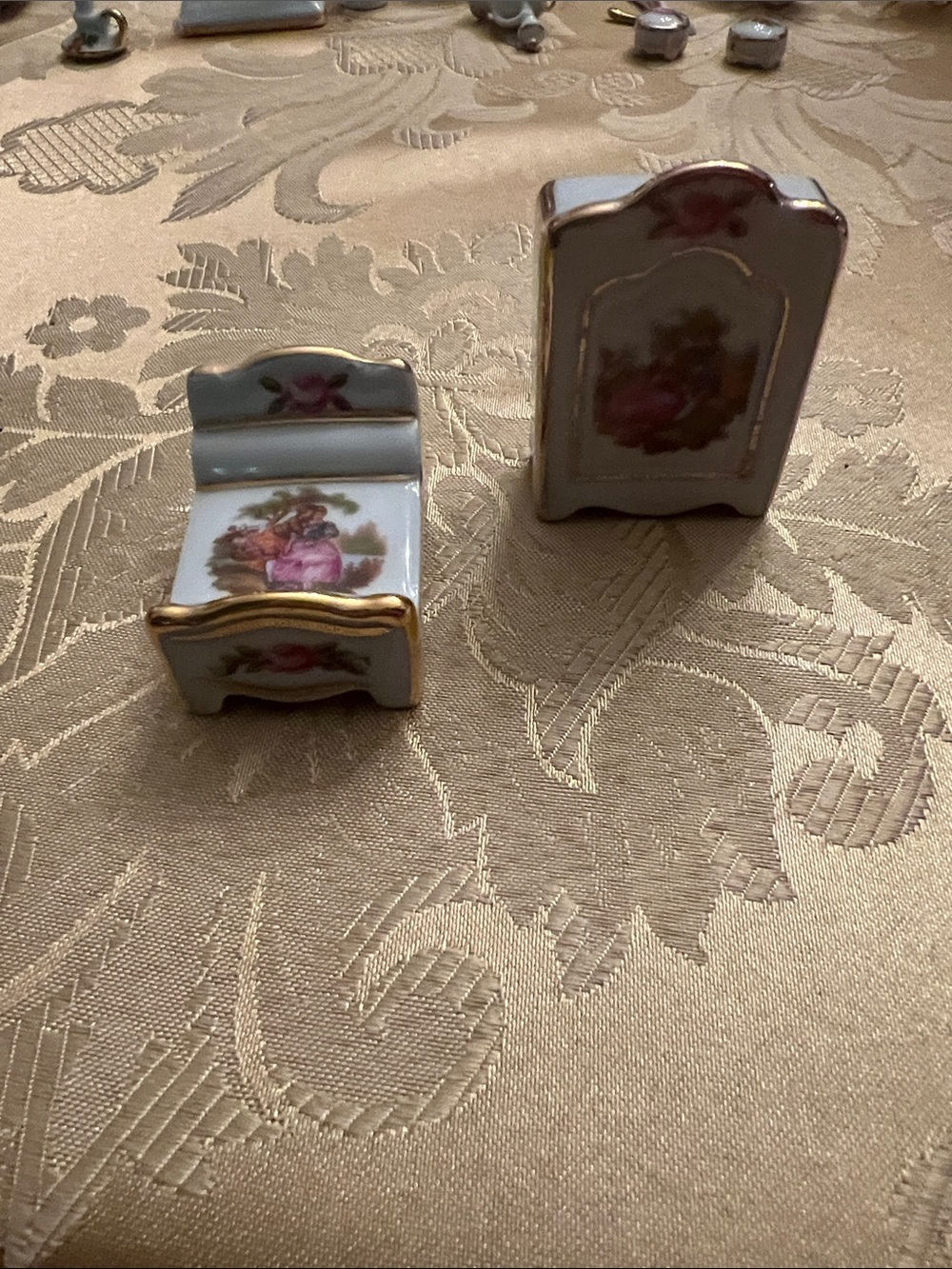 Limoges Porcelain Miniature Bed and Wardrobe in White, Pink and Gold